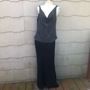 JKara Beaded Sleeveless Cowl Long Maxi Formal Dress Black/Dk Blue Women’s 16